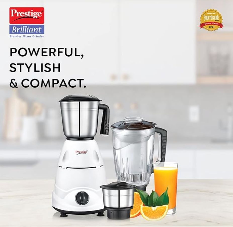 प्रेस्टीज ब्रिलियंट 500W 3 जार ब्लेंडर मिक्सर ग्राइंडर, 3 जार के साथ (सफेद और काला, स्टेनलेस स्टील ग्राइंडिंग जार-900 मिली, स्टेनलेस स्टील चटनी जार-350 मिली, जूसर जार-1500 मिली)