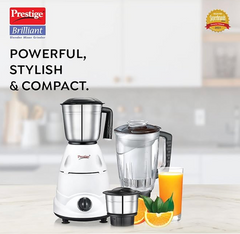 प्रेस्टीज ब्रिलियंट 500W 3 जार ब्लेंडर मिक्सर ग्राइंडर, 3 जार के साथ (सफेद और काला, स्टेनलेस स्टील ग्राइंडिंग जार-900 मिली, स्टेनलेस स्टील चटनी जार-350 मिली, जूसर जार-1500 मिली)-2