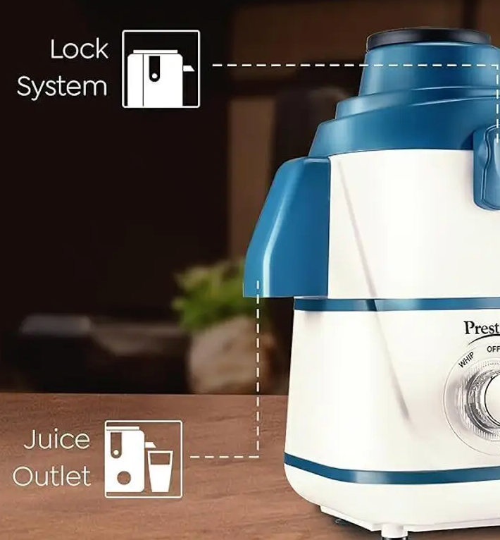 प्रेस्टीज 3 जार जेएमजी, डिटैचेबल पल्प कलेक्टर और डबल लॉक सिस्टम के साथ, 500 वाट का जूसर मिक्सर ग्राइंडर (ब्रीज | 3 जार | नीला, सफेद)