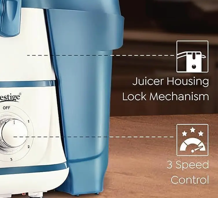 प्रेस्टीज 3 जार जेएमजी, डिटैचेबल पल्प कलेक्टर और डबल लॉक सिस्टम के साथ, 500 वाट का जूसर मिक्सर ग्राइंडर (ब्रीज | 3 जार | नीला, सफेद)