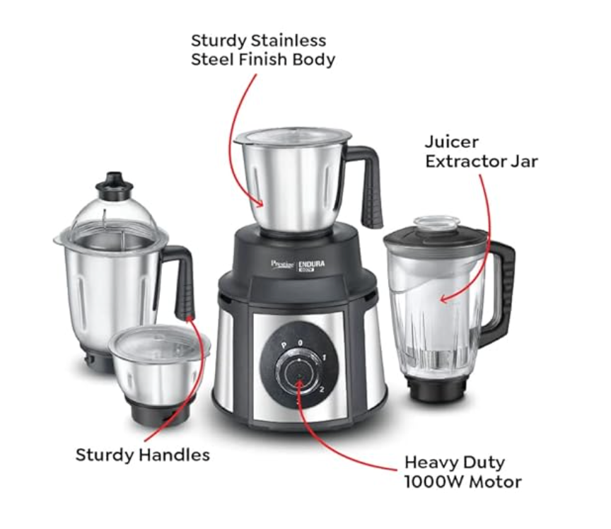 प्रेस्टीज एंडुरा 1000 वाट जूसर मिक्सर ग्राइंडर (मिक्सर | 4 जार | काला, सिल्वर)