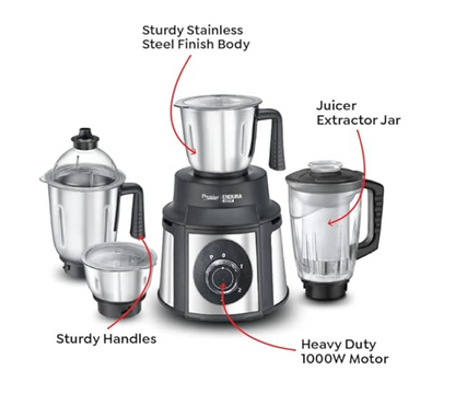 प्रेस्टीज एंडुरा 1000 वाट जूसर मिक्सर ग्राइंडर (मिक्सर | 4 जार | काला, सिल्वर)