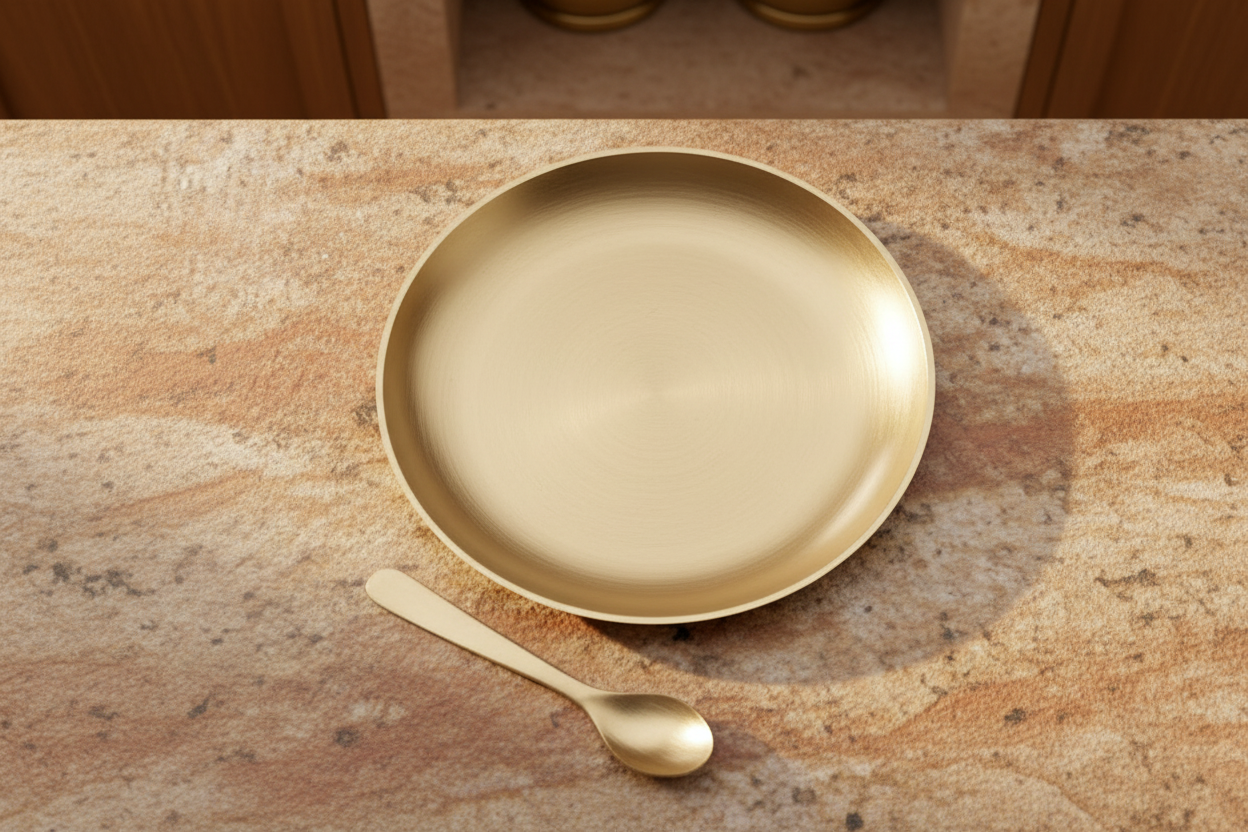 मैट फिनिश वाली कांस्य रंग की नाश्ते की प्लेट, चम्मच सहित।
