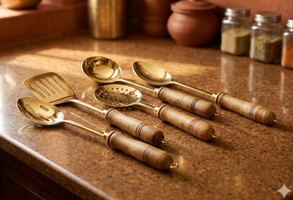 Pure Brass Ladle Set with Wooden Handles - 5 pc