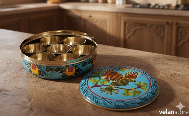Hand Painted Spice Box With 7 Compartments- Bird Design-1