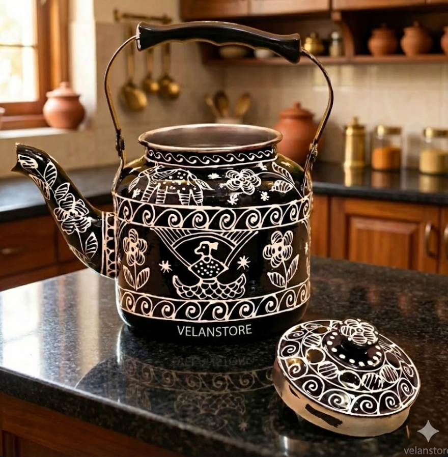 Hand Painted Steel Tea Kettle - Black With Indian Art work