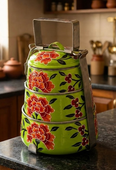 Velan Store Hand Painted 3 Tier Steel Lunch Box - Green-1