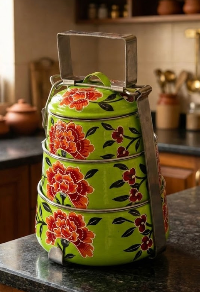 Velan Store Hand Painted 3 Tier Steel Lunch Box - Green-1