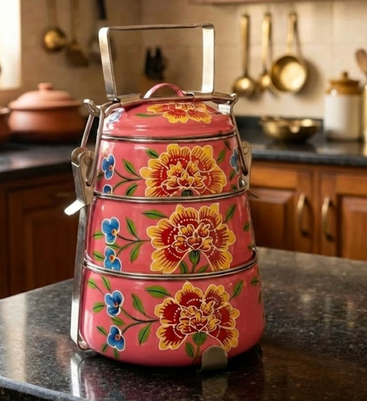 Velan Store Hand Painted 3 Tier Steel Lunch Box - pink