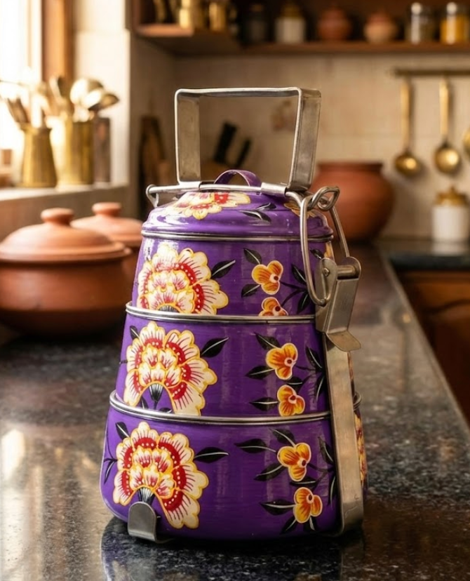 Velan Store Hand Painted 3 Tier Steel tiffin Box - Purple
