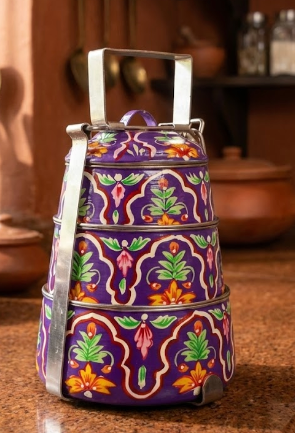 Velan Store Hand Painted 3 Tier Steel Lunch Box - Purple