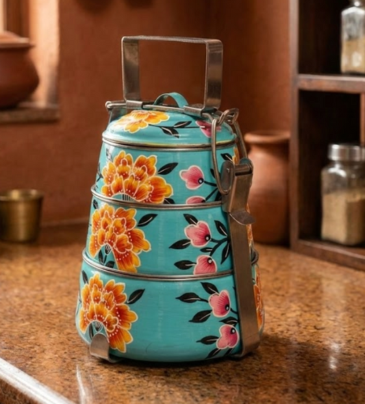Velan Store Hand Painted 3 Tier Steel tiffin Box - Blue