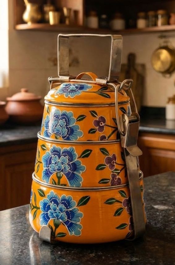Velan Store Hand Painted 3 Tier Steel Lunch Box - Yellow