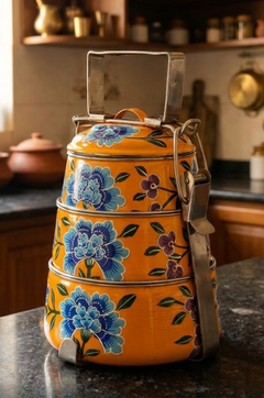 Velan Store Hand Painted 3 Tier Steel Lunch Box - Yellow-1