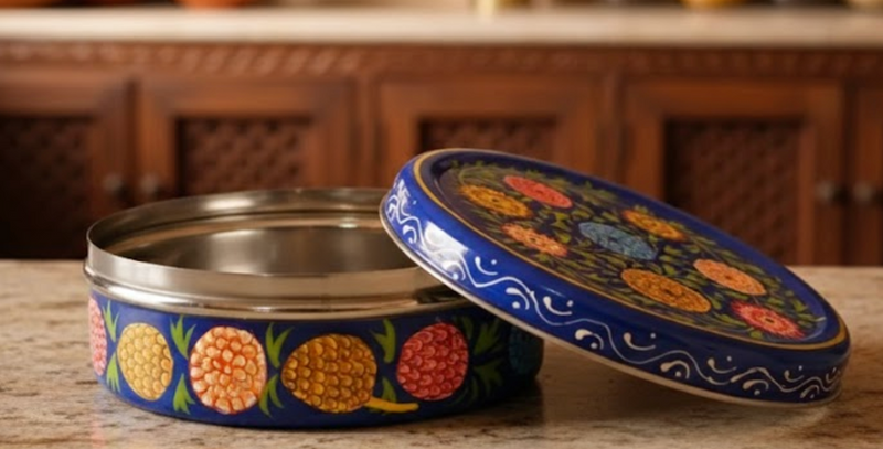 Hand Painted Steel Storage Container With Beautiful Multi Flower-1