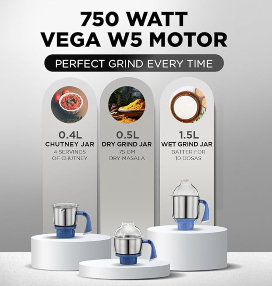 Preethi Blue Leaf Diamond MG-214 mixer grinder 750 watt (Blue/White), 3 jars & Flexi Lid, FBT motor with 2yr Guarantee & Lifelong Free Service