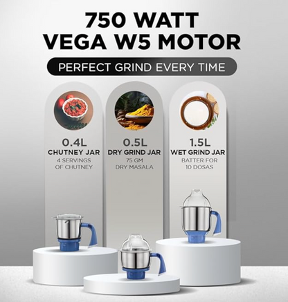 Preethi Blue Leaf Diamond MG-214 mixer grinder 750 watt (Blue/White), 3 jars & Flexi Lid, FBT motor with 2yr Guarantee & Lifelong Free Service