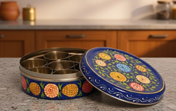 Hand Painted Spice Box With 7 Compartments- Beautiful Multi Flower