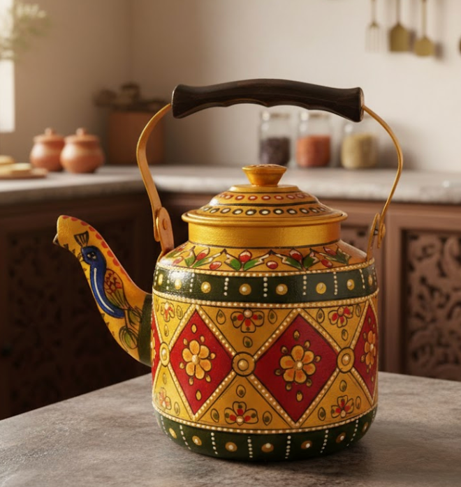 Hand Painted Steel Tea Kettle - Golden Design-1