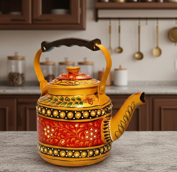 Hand Painted Steel Tea Kettle - Golden And Red Carving Design-1