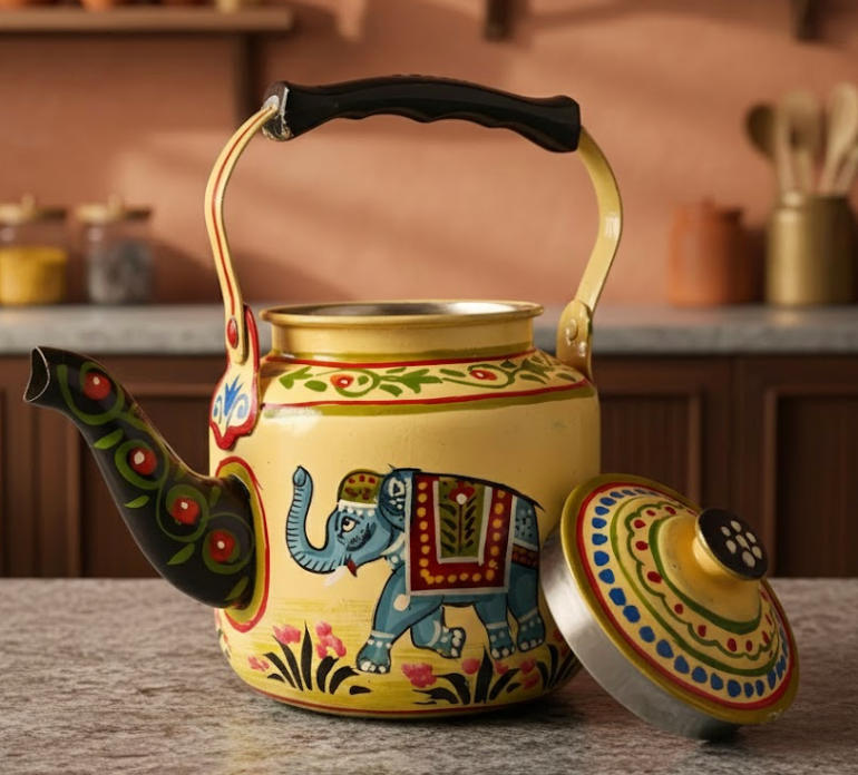 Hand Painted Steel Tea Kettle - Elephant Design