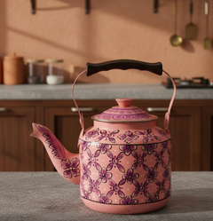 Hand Painted Steel Tea Kettle - Pink Design-1