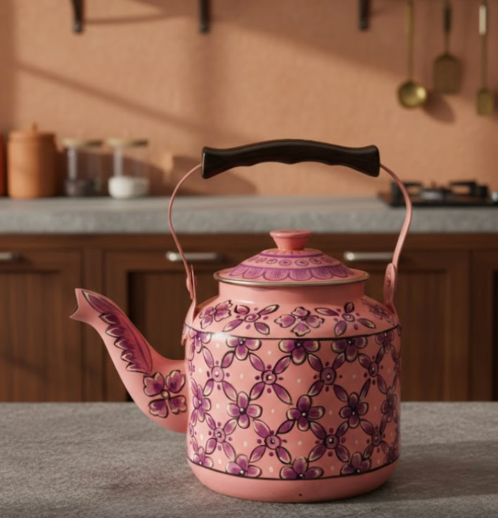 Hand Painted Steel Tea Kettle - Pink Design