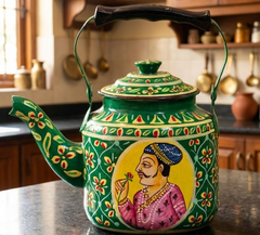 Hand Painted Steel Tea Kettle - India Raja Rani Painting-1