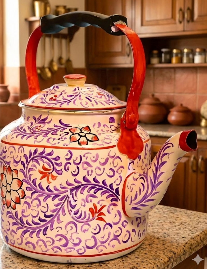 Hand Painted Steel Tea Kettle - Pink With Leaves design-1