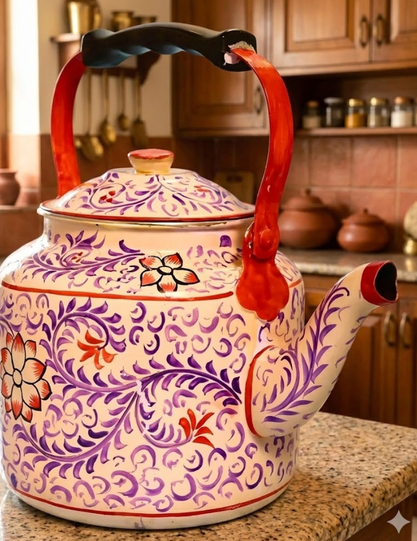 Hand Painted Steel Tea Kettle - Pink With Leaves design
