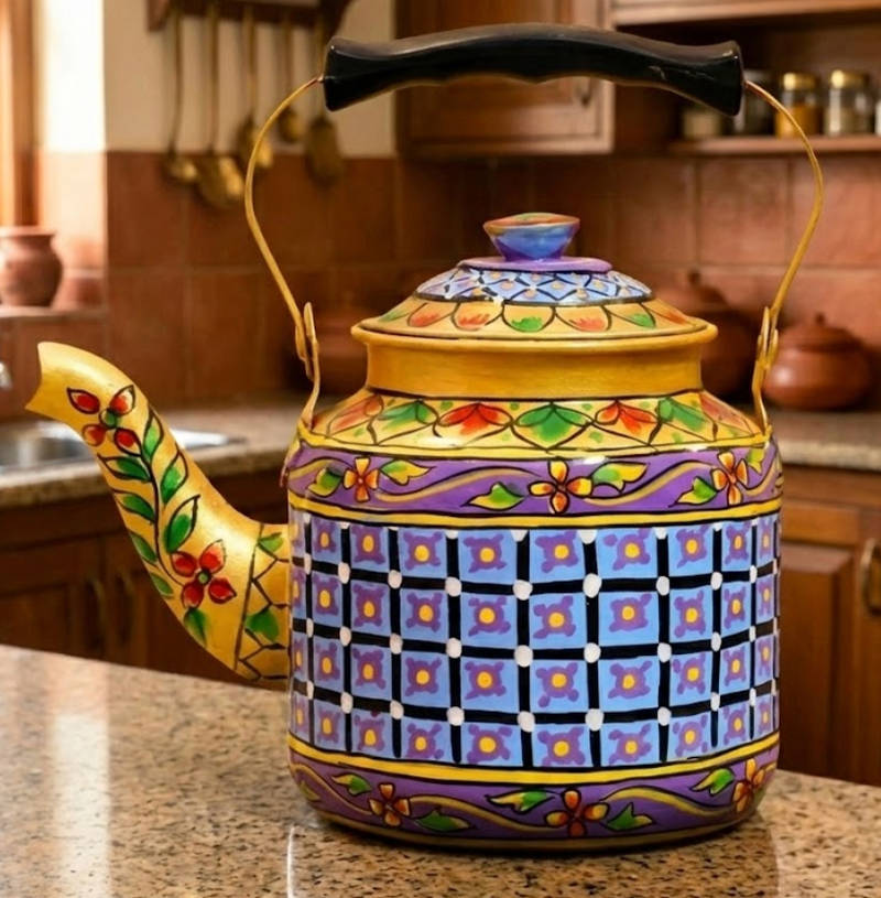 Hand Painted Steel Tea Kettle - Blue Square Design-1