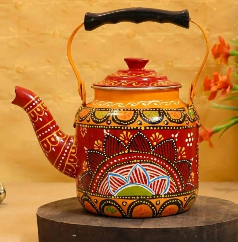 Hand Painted Steel Tea Kettle - Red And Orange-1