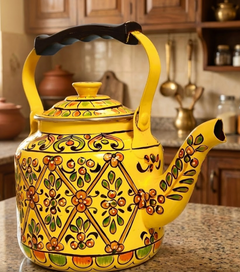 Hand Painted Steel Tea Kettle - Yellow Design-1