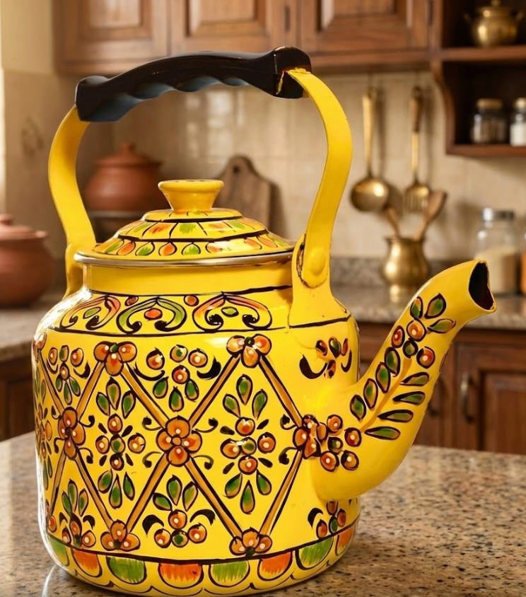 Hand Painted Steel Tea Kettle - Yellow Design-1