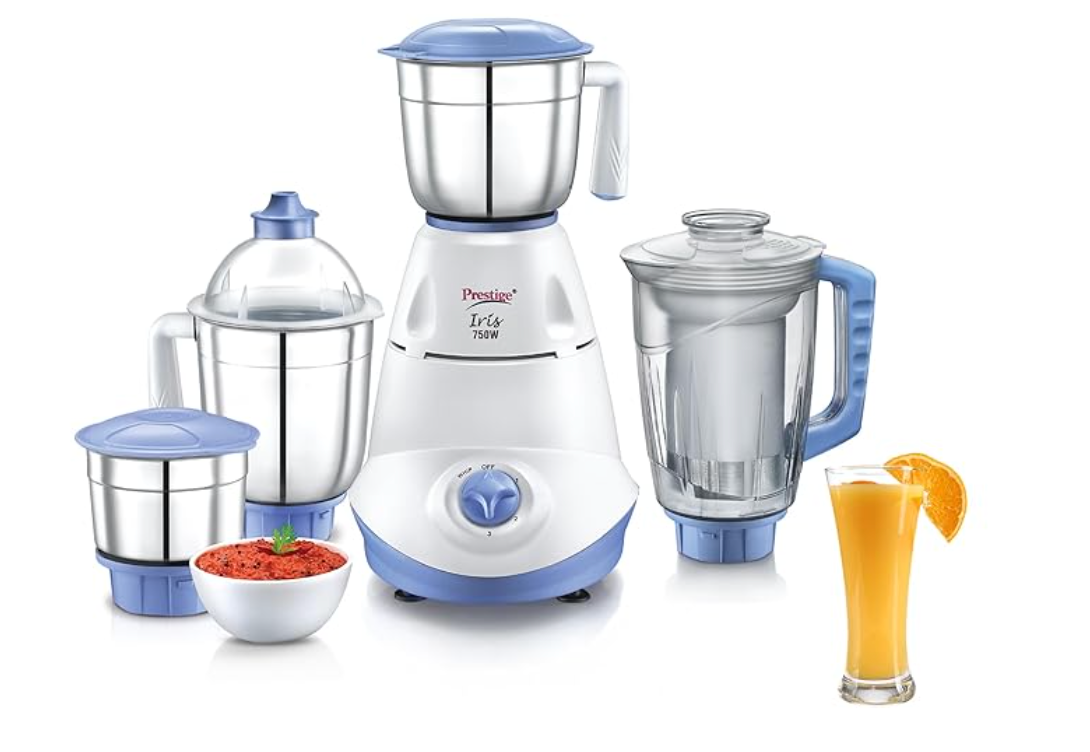 Prestige Iris 750 Watt Mixer Grinder with 3 Stainless Steel Jar + 1 Juicer Jar (White and Blue)