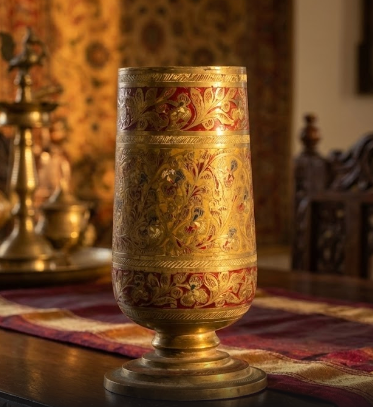 vintage brass glass with unique carving design