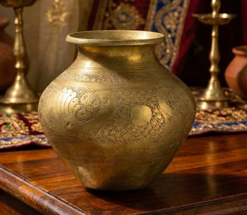 विंटेज पीतल की पुरानी नक्काशीदार लोटा