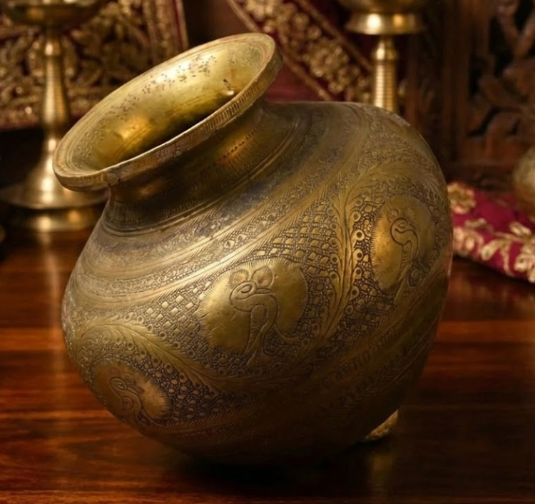 प्राचीन पीतल की नक्काशीदार लोटा