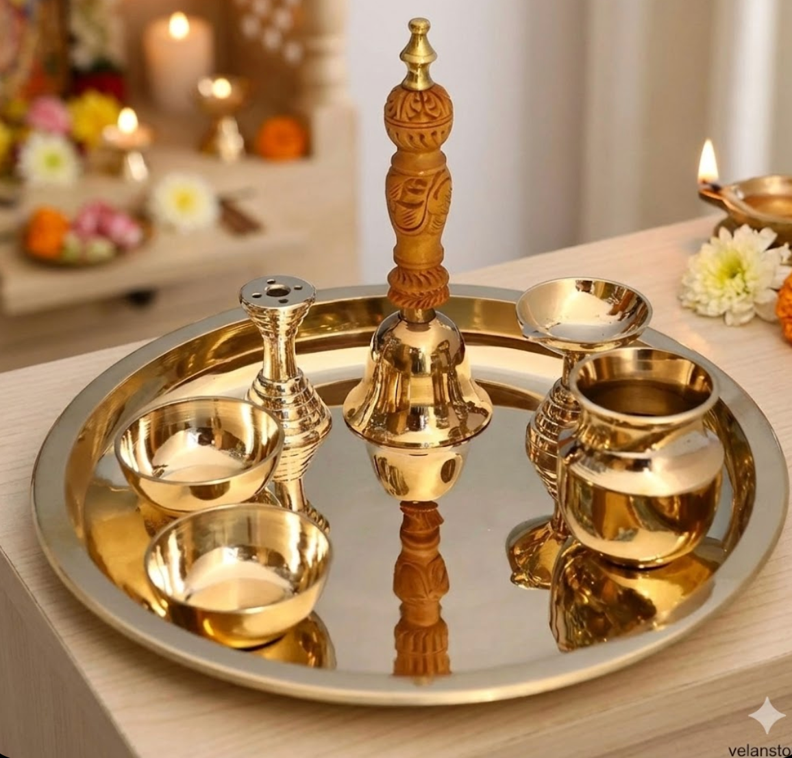 शुद्ध कांसे की 7 पीस की पूजा थाली का सेट - पूजा अनुष्ठानों के लिए बिल्कुल उपयुक्त