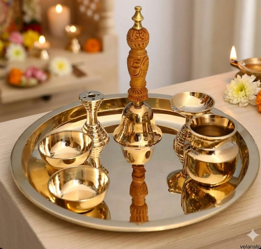 शुद्ध कांसे की 7 पीस की पूजा थाली का सेट - पूजा अनुष्ठानों के लिए बिल्कुल उपयुक्त