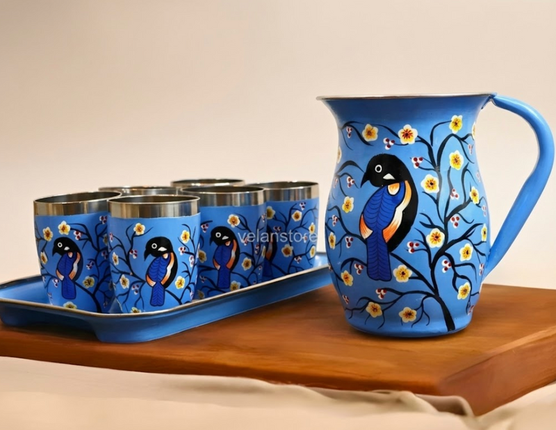 Hand Painted Steel Drinkware Set With Jug, Glass & Tray With Beautiful bird Design Jug Glass Tray Set-1