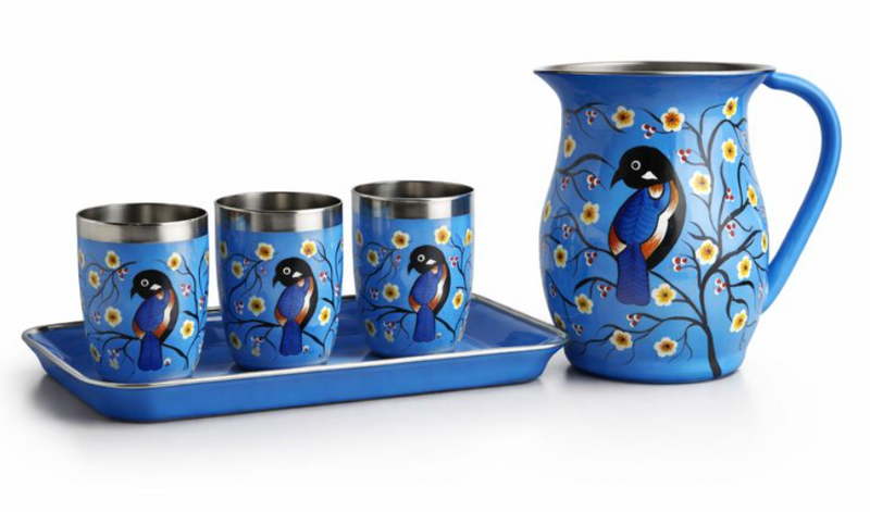 Hand Painted Steel Drinkware Set With Jug, Glass & Tray With Beautiful bird Design Jug Glass Tray Set-2
