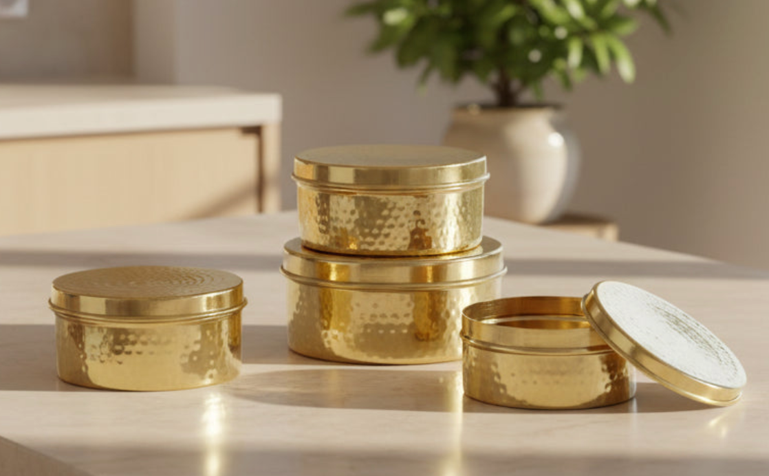 Traditional Brass Dabba Set of 4 – Ideal for Wedding Gifts & Kitchen Storage