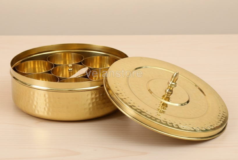 Pure Brass Spice Box with Hammered Design – 7 Compartments, Glass Lid & Spoon