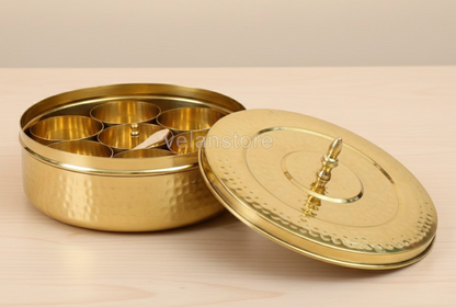 Pure Brass Spice Box with Hammered Design – 7 Compartments, Glass Lid & Spoon