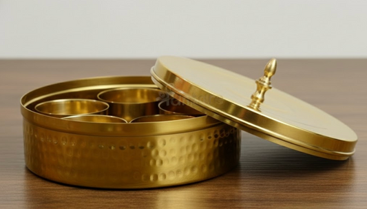 Pure Brass Spice Box with Hammered Design – 7 Compartments, Glass Lid & Spoon