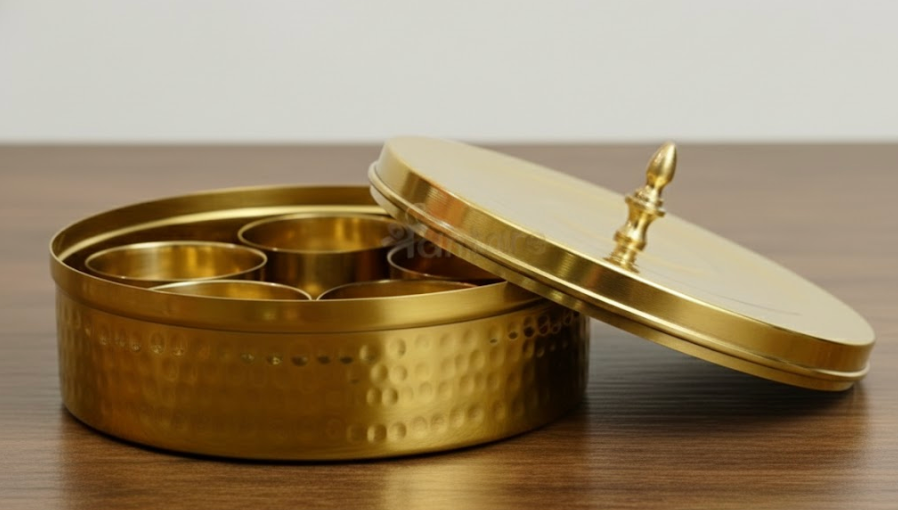 Pure Brass Spice Box with Hammered Design – 7 Compartments, Glass Lid & Spoon
