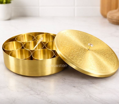 Pure Brass Spice Box with Carving – 7 Compartments & Spoon-1