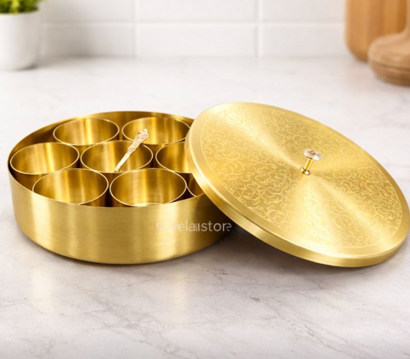 Pure Brass Spice Box with Carving – 7 Compartments & Spoon-1