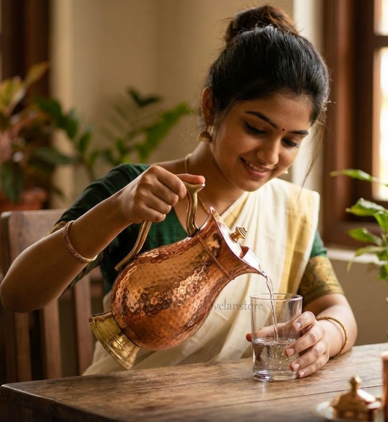 ढक्कन सहित शुद्ध तांबे का पानी का जग – श्रीबद्री द्वारा हाथ से गढ़ी गई शाही डिज़ाइन।-3